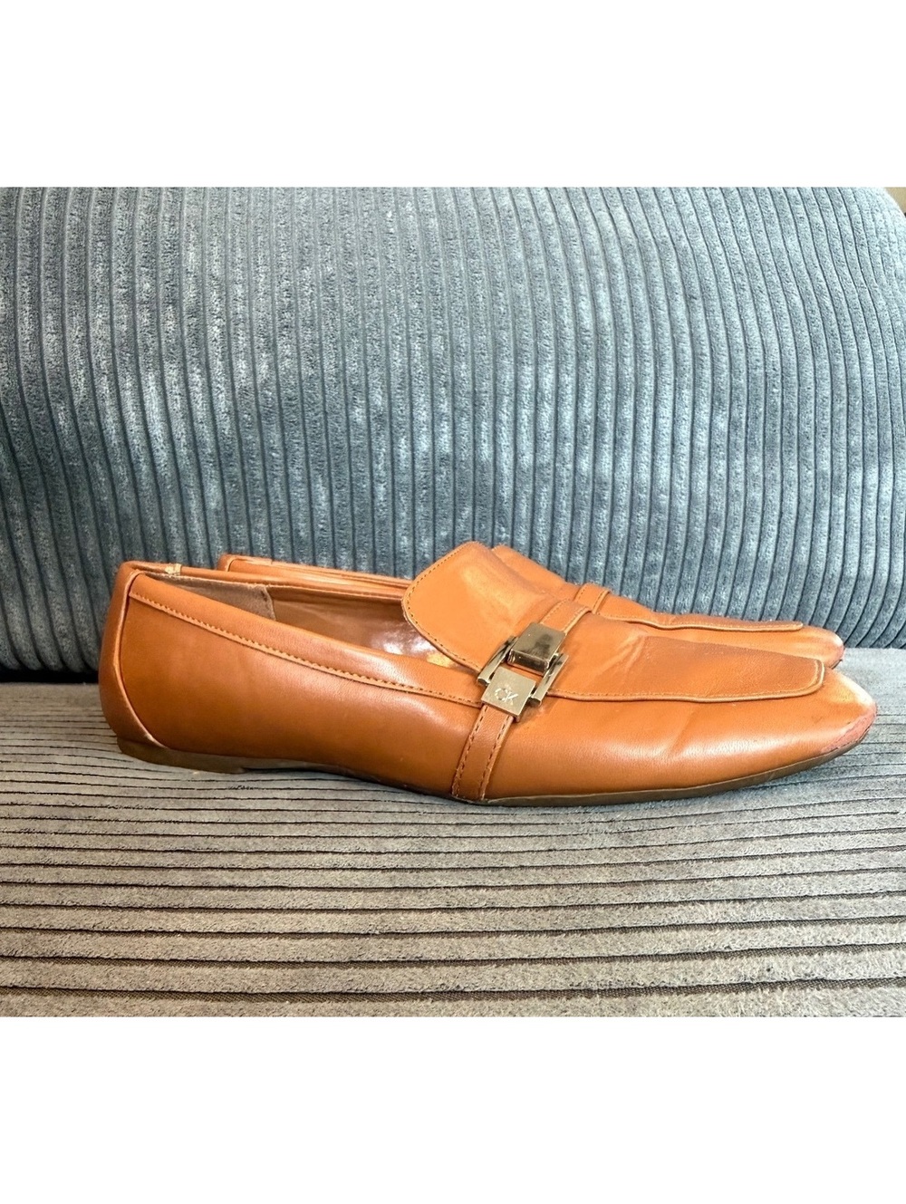 Calvin Klein Women's Brown Leather Loafers with Silver Buckle